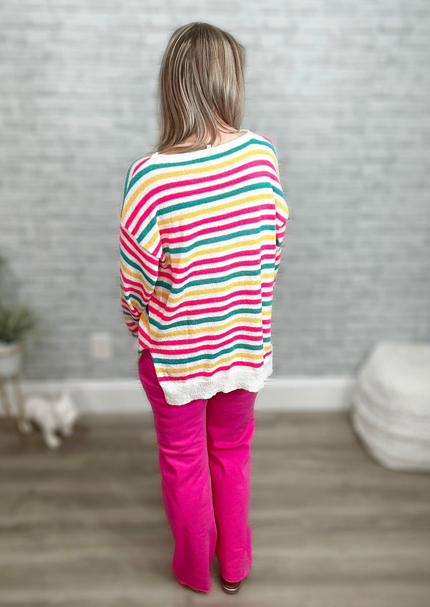 White Fuchsia Teal Striped Lightweight Summer Sweater