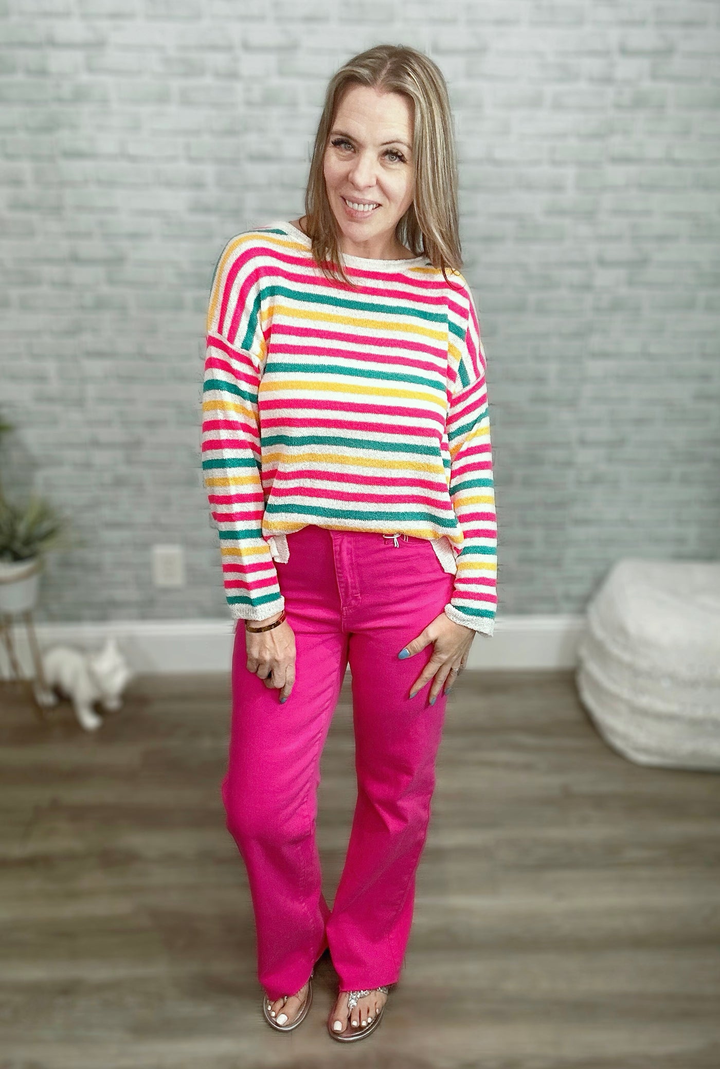 White Fuchsia Teal Striped Lightweight Summer Sweater