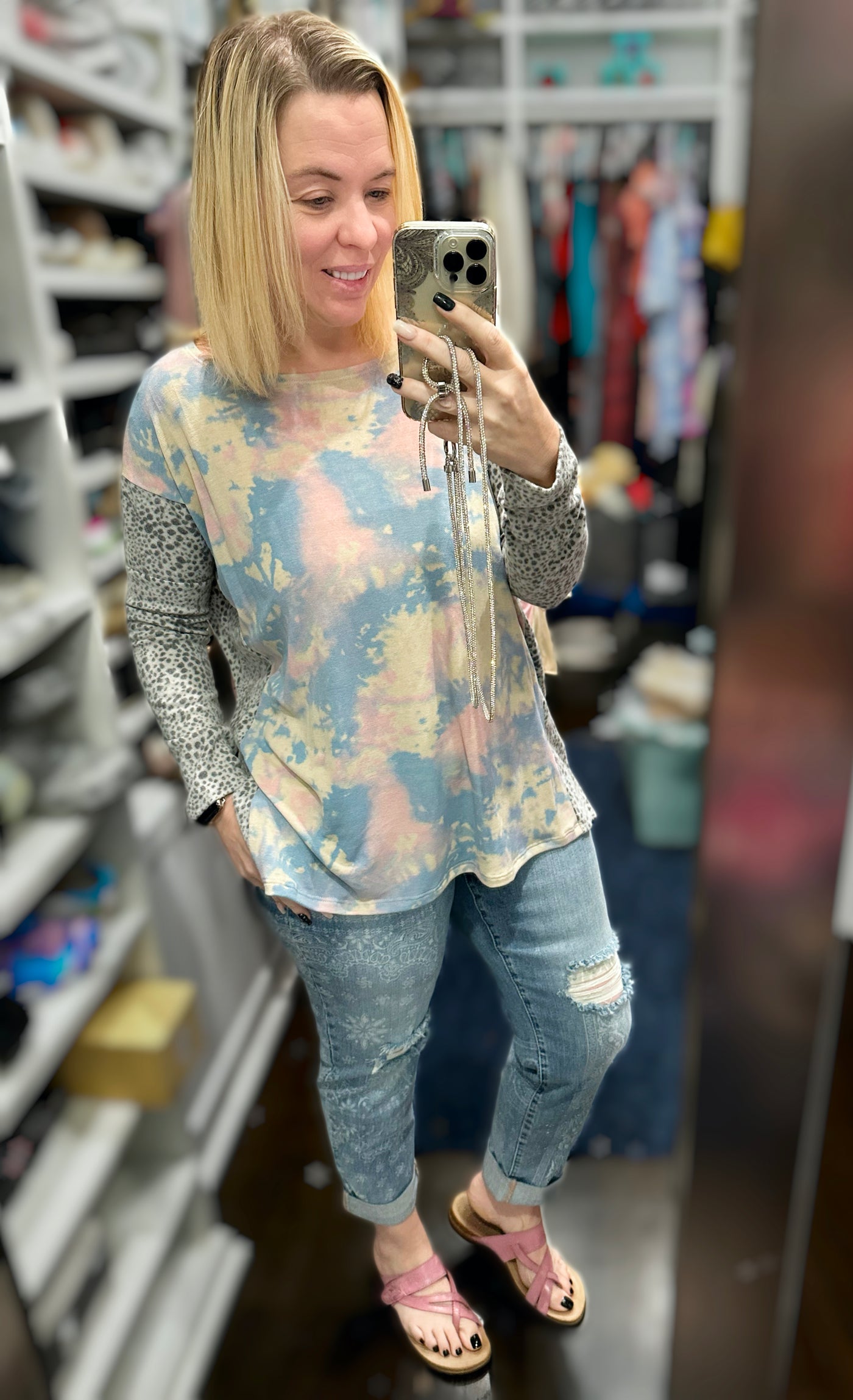 Brushed Soft Tie Dye & Cheetah Print Tunic Top