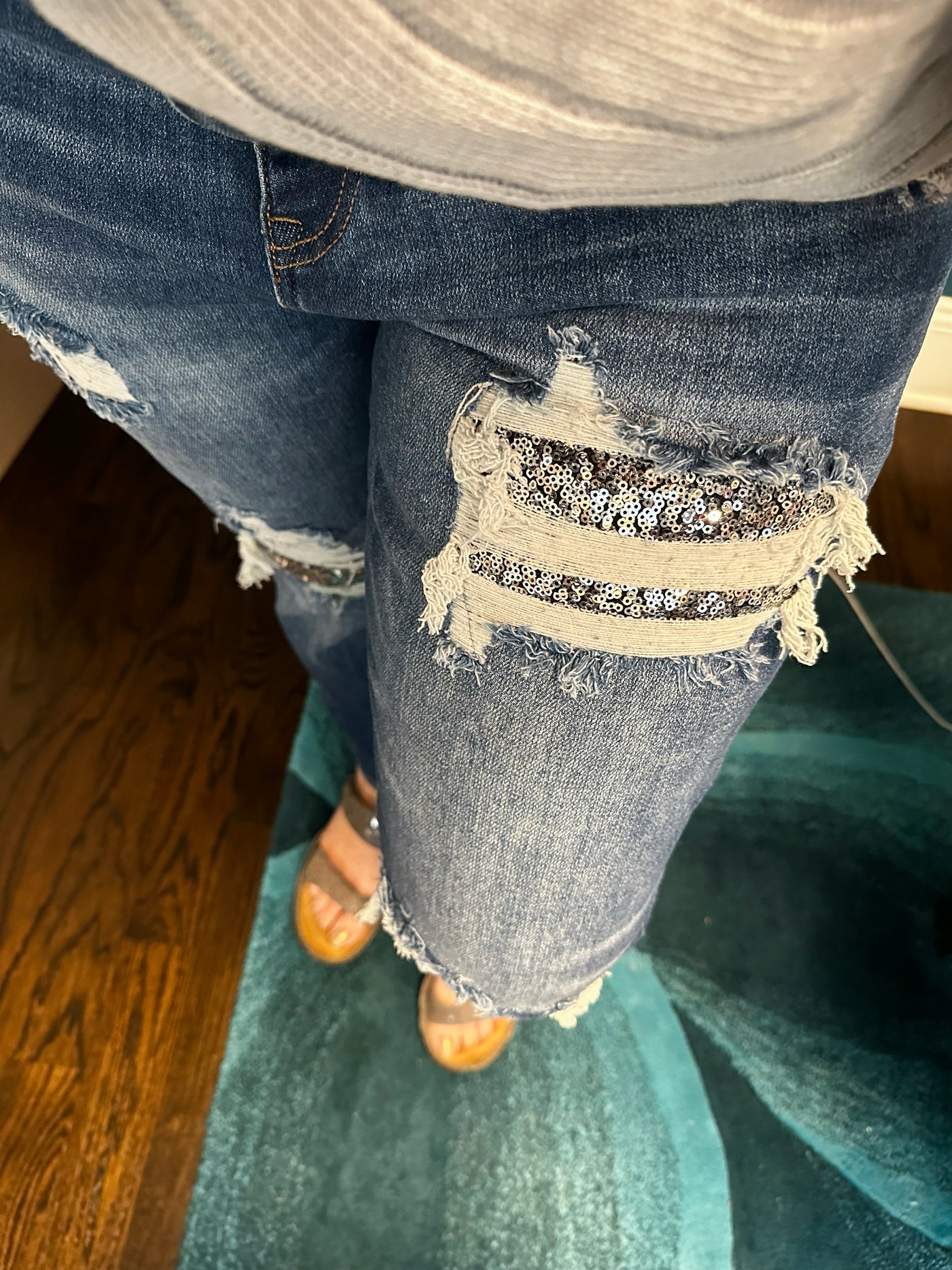 Silver Sequin Patch Jeans from Risen