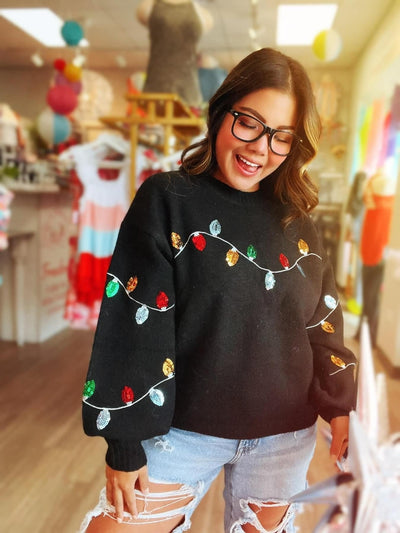 Black Christmas Lights Sequin Sweater