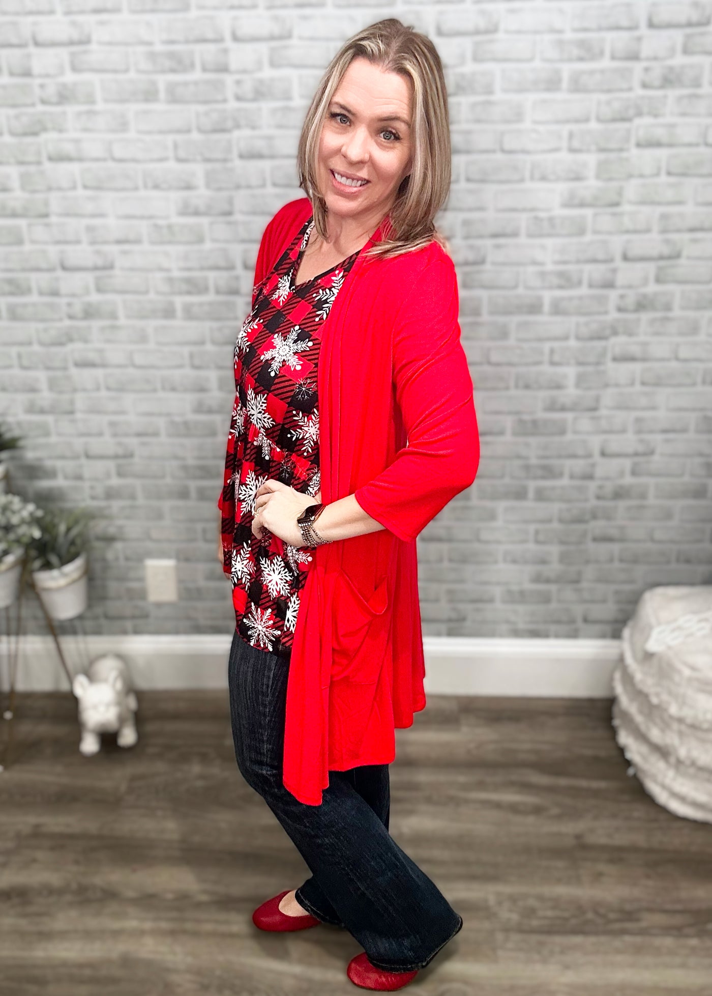 Beautifully Basic 3/4 Sleeve Slouchy Pocket Open Cardigan - Ruby Red