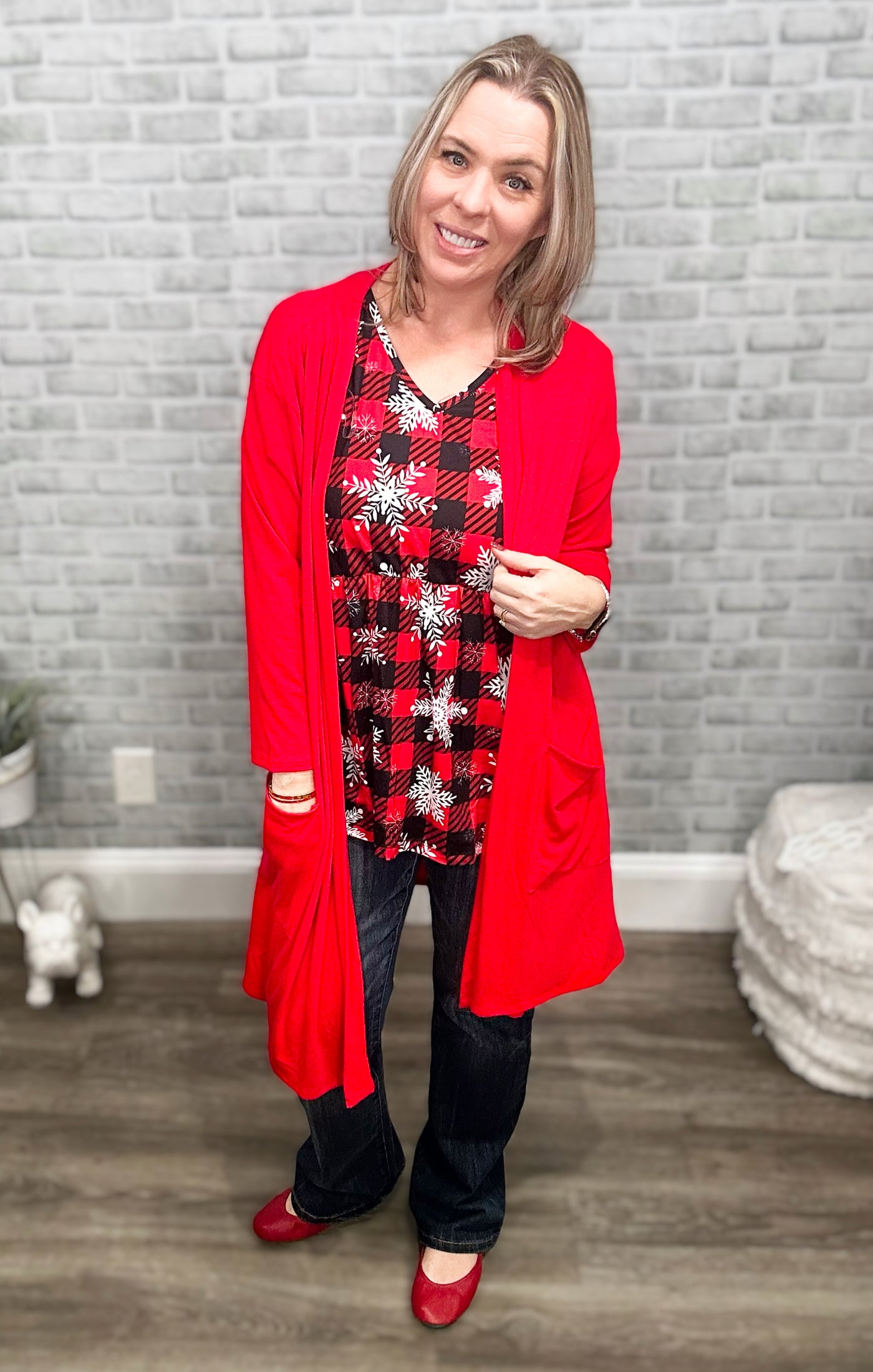 Beautifully Basic 3/4 Sleeve Slouchy Pocket Open Cardigan - Ruby Red