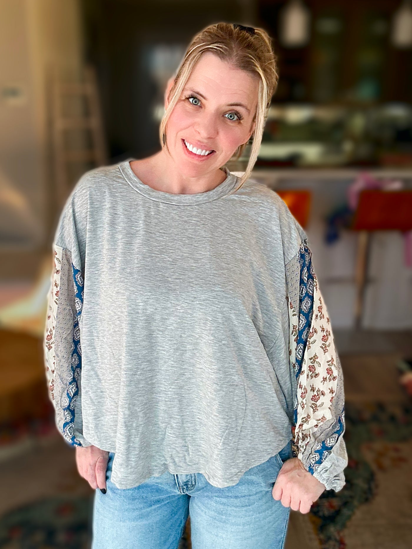 Gray Top with Mixed Print Sleeves - Jade by Jane