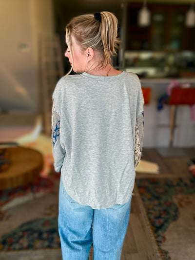 Gray Top with Mixed Print Sleeves - Jade by Jane