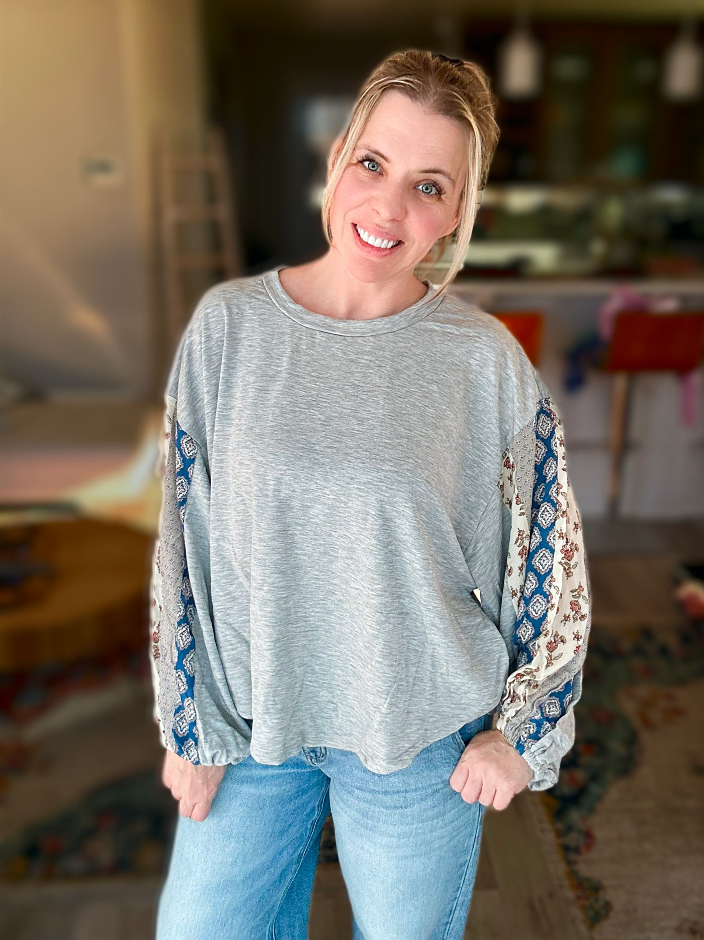 Gray Top with Mixed Print Sleeves - Jade by Jane