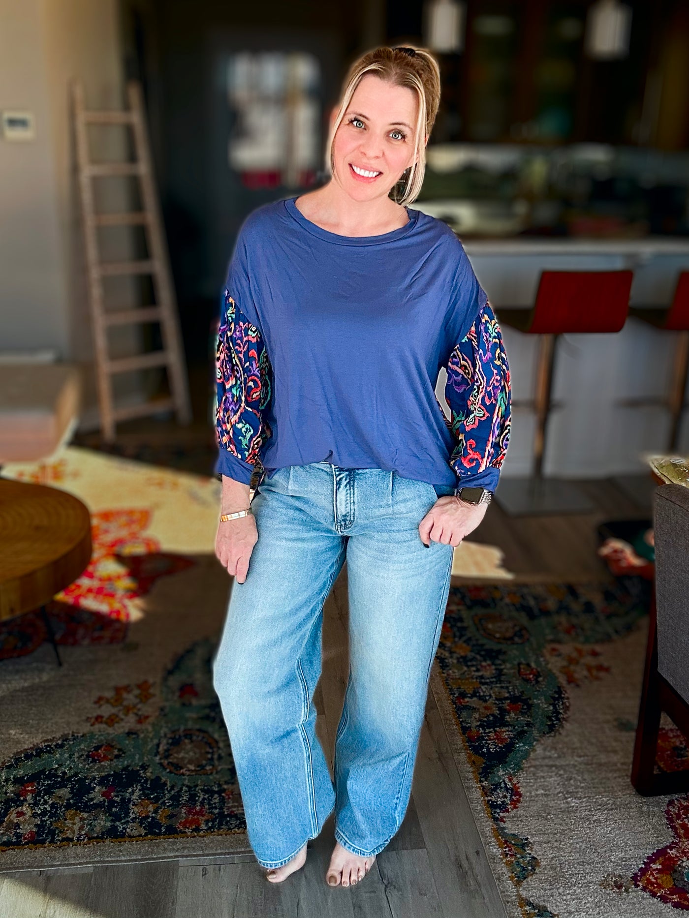 Paisley Blue Print Back Balloon Sleeve Tunic Top {Jade by Jane}