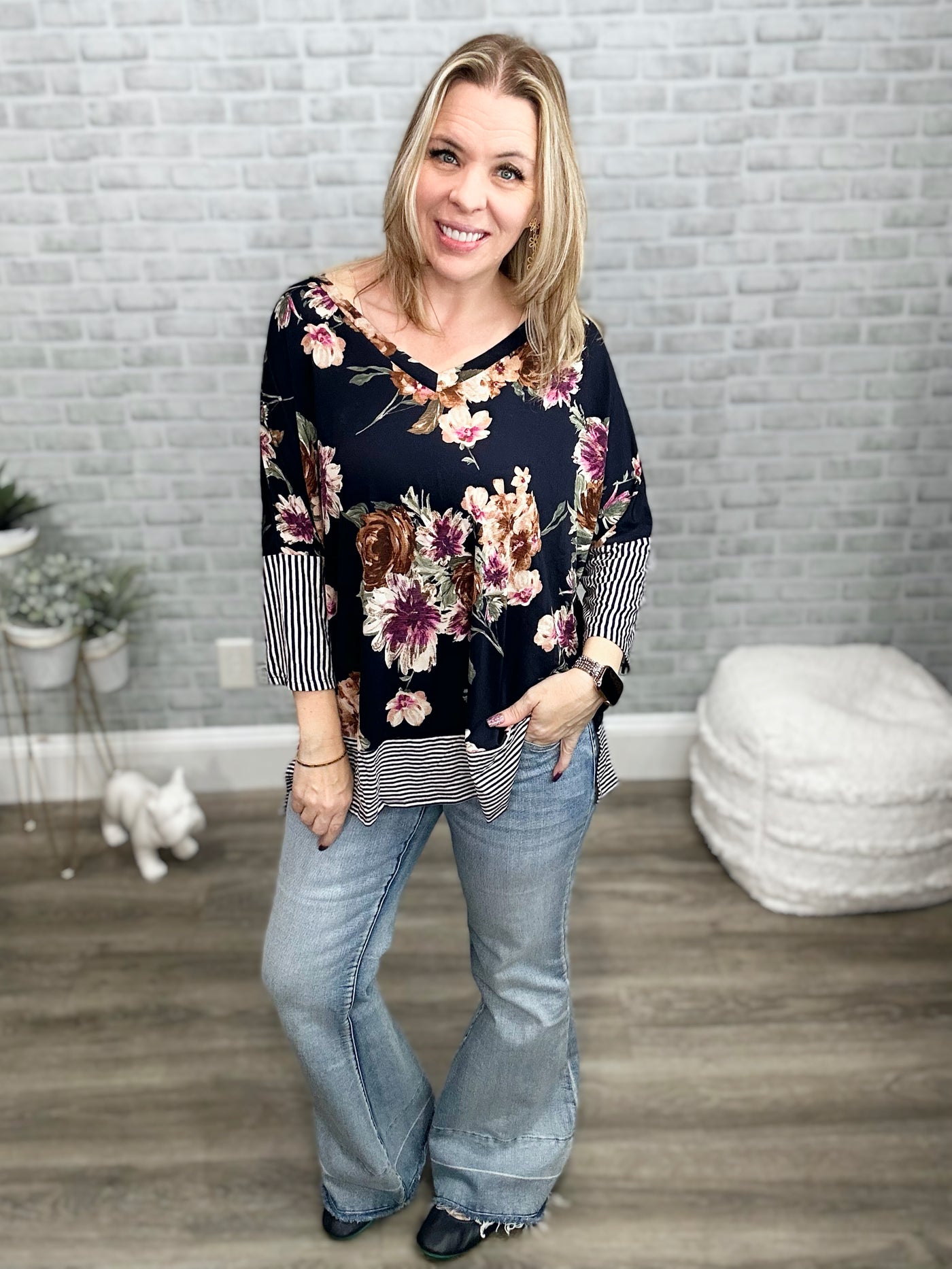 Navy Floral and Stripes Top from Honey Me