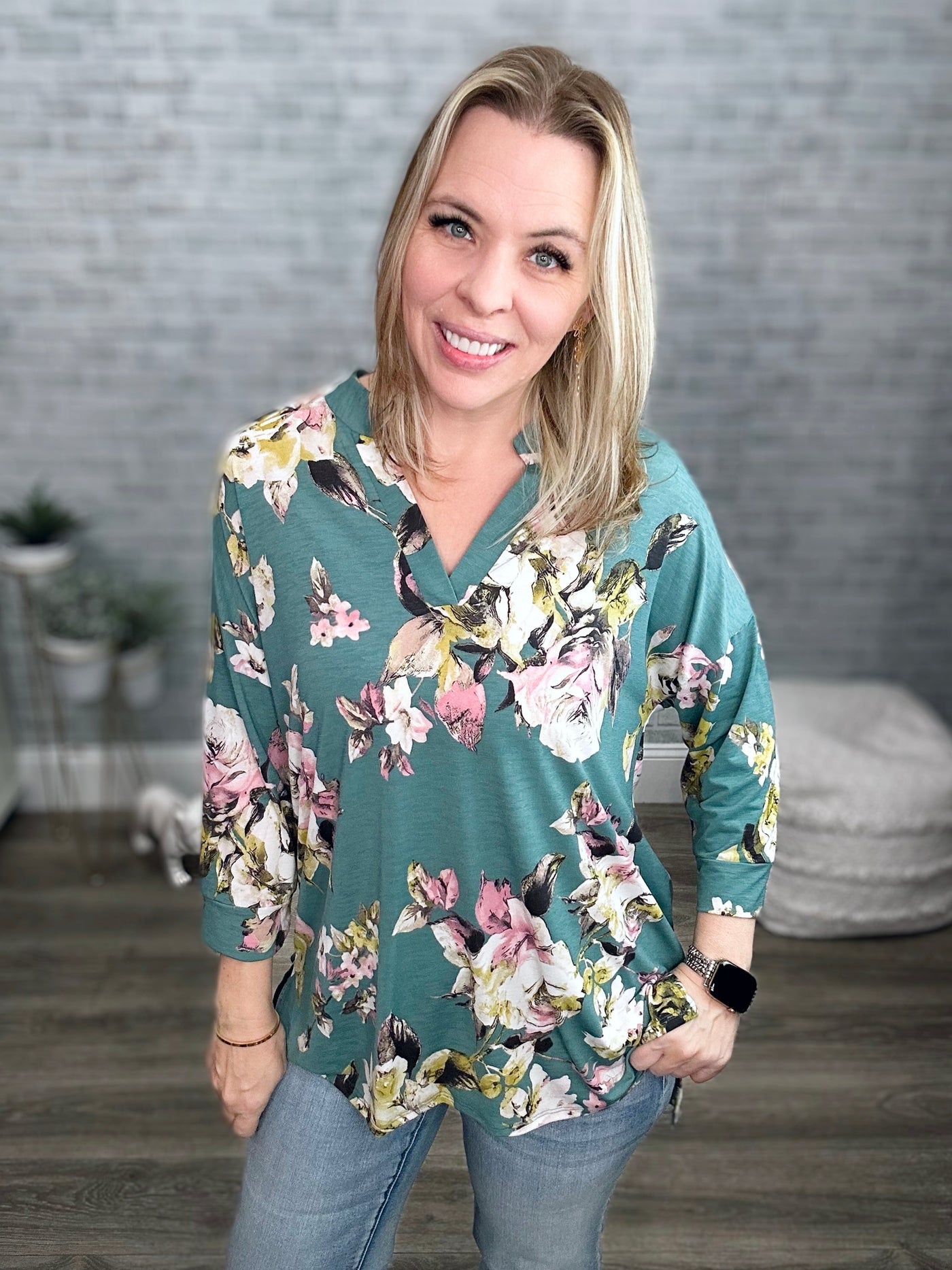 Teal Floral Mandarin Collar Gabby Tunic