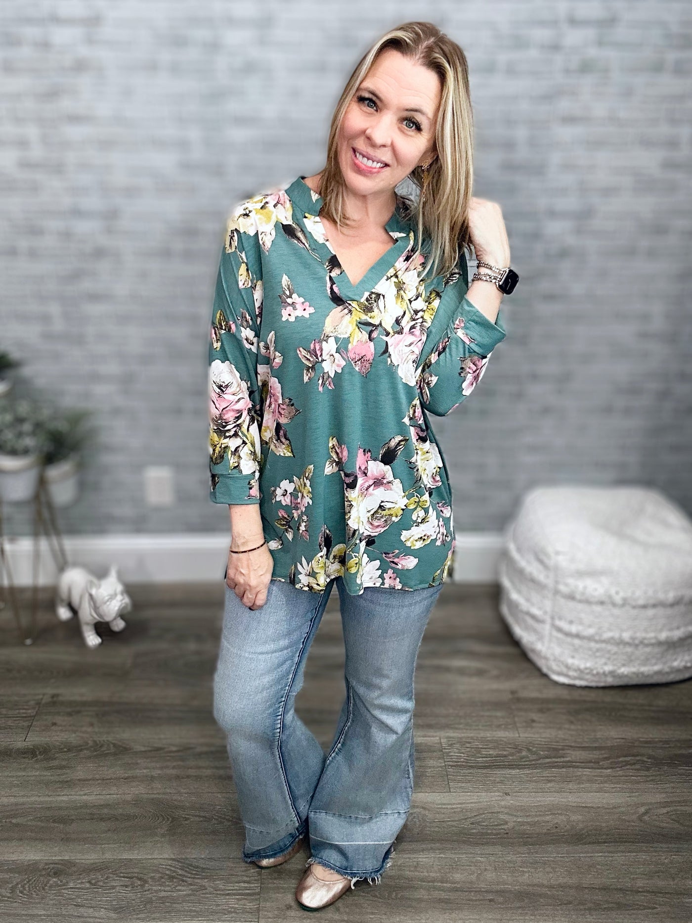 Teal Floral Mandarin Collar Gabby Tunic