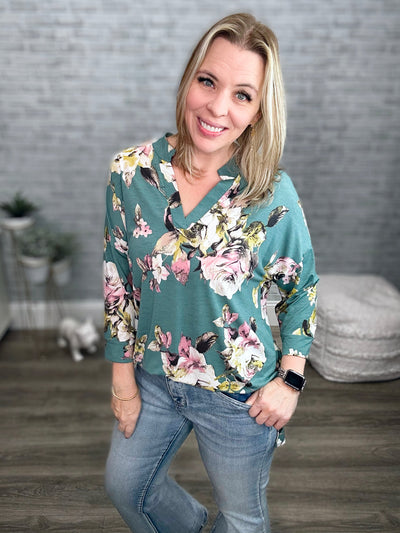 Teal Floral Mandarin Collar Gabby Tunic