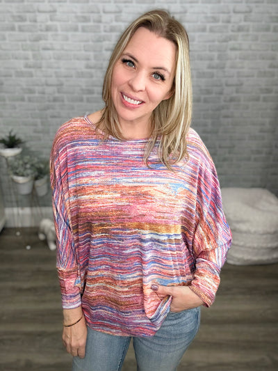 Multi Colored Round Neck Loose Fit Dolman Knit Top