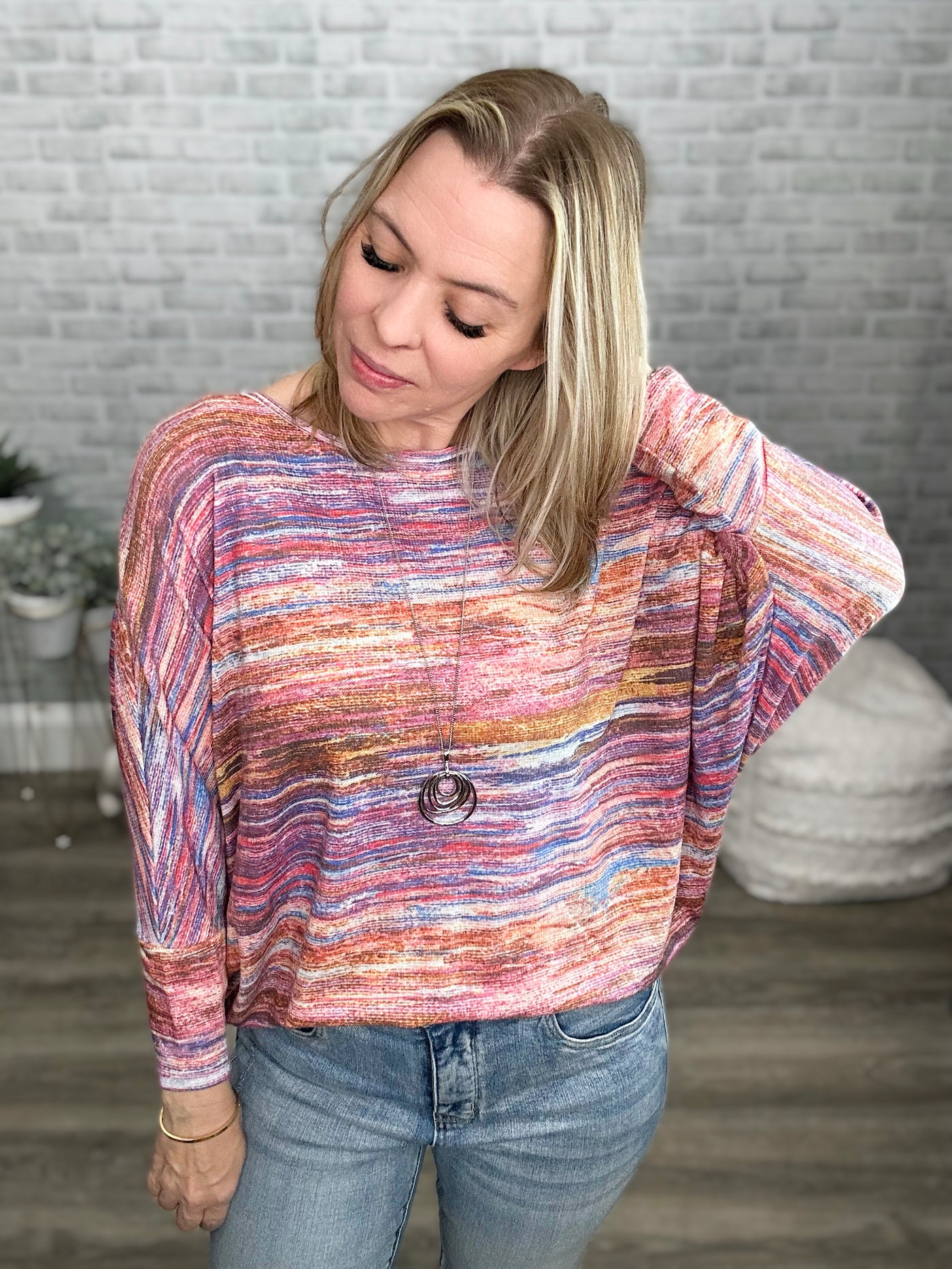 Multi Colored Round Neck Loose Fit Dolman Knit Top