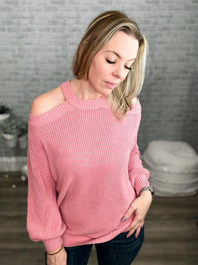 Cotton Cold Shoulder Sweater in Rose