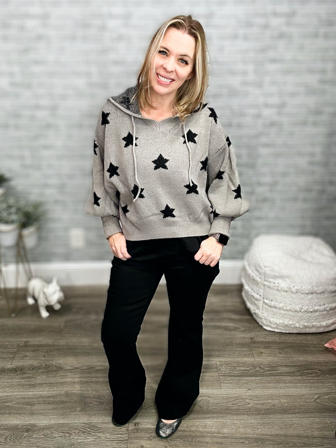 Hooded Knit Gray and Black Star Sweater