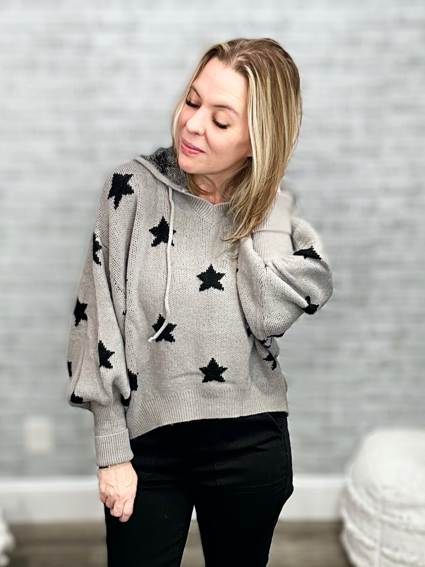 Hooded Knit Gray and Black Star Sweater