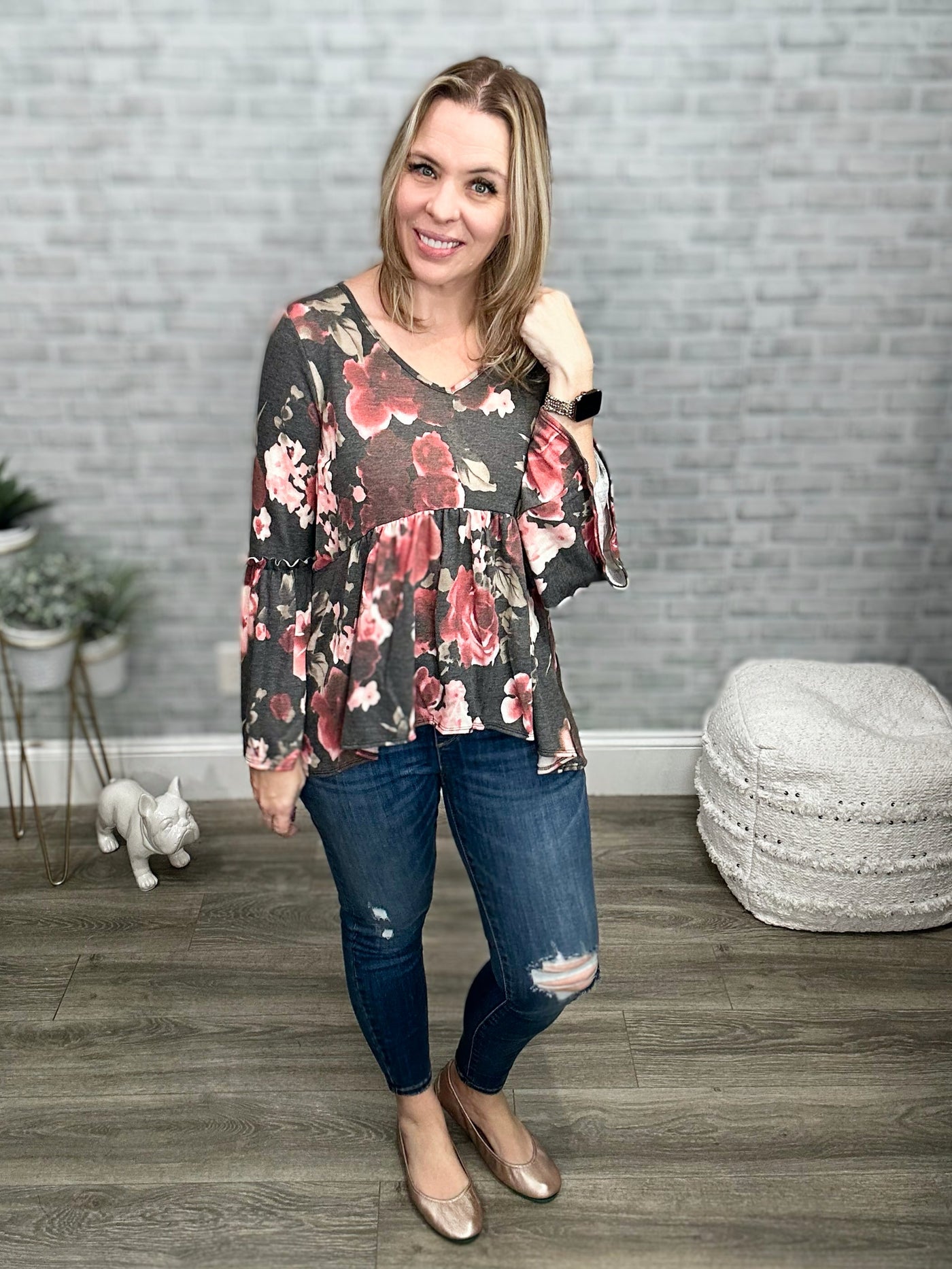 Charcoal and Mauve Floral Babydoll Top