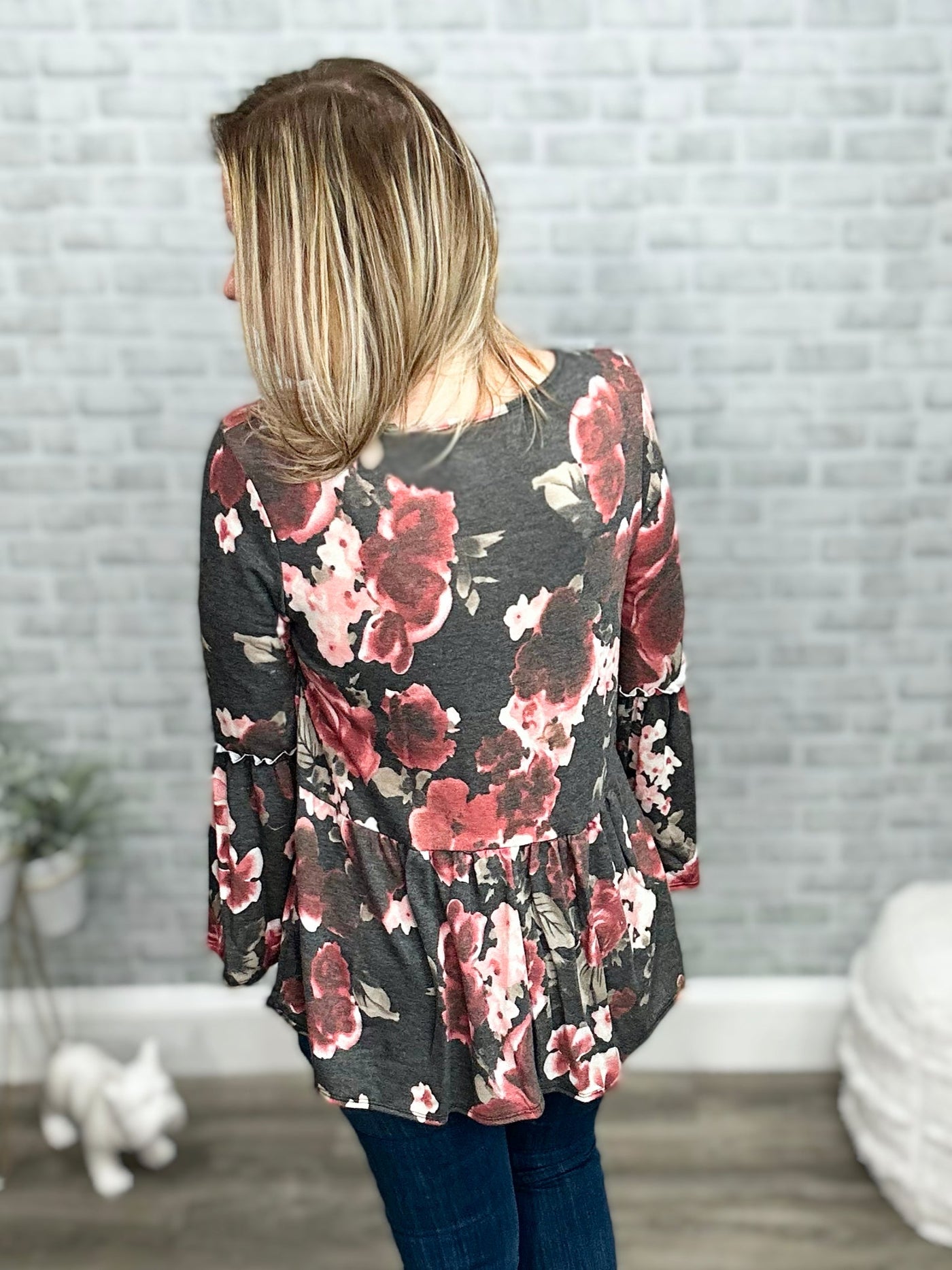 Charcoal and Mauve Floral Babydoll Top