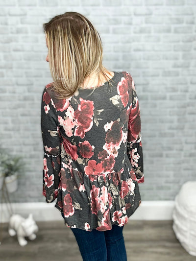 Charcoal and Mauve Floral Babydoll Top