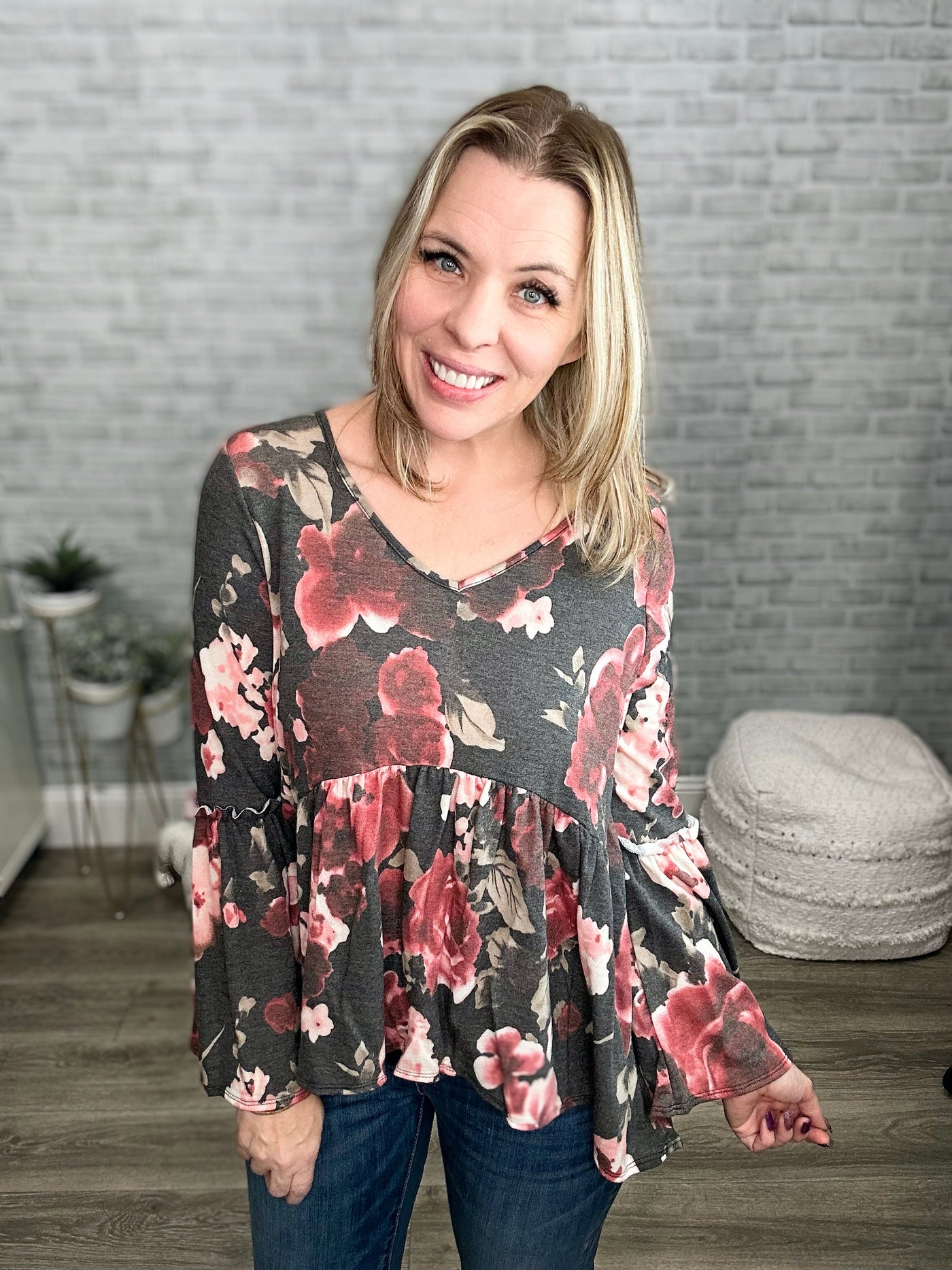 Charcoal and Mauve Floral Babydoll Top