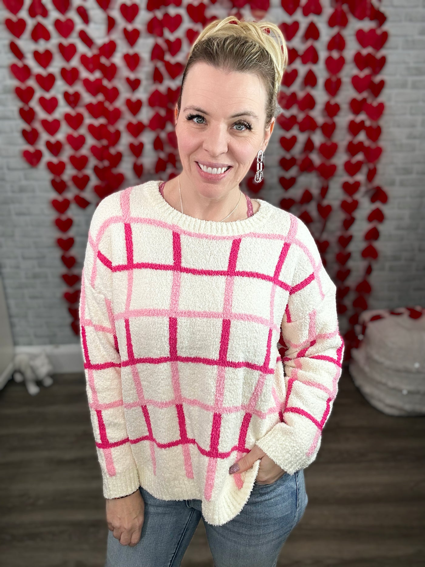 Falling for You Ivory and Pink Plaid Sweater by Jess Lea