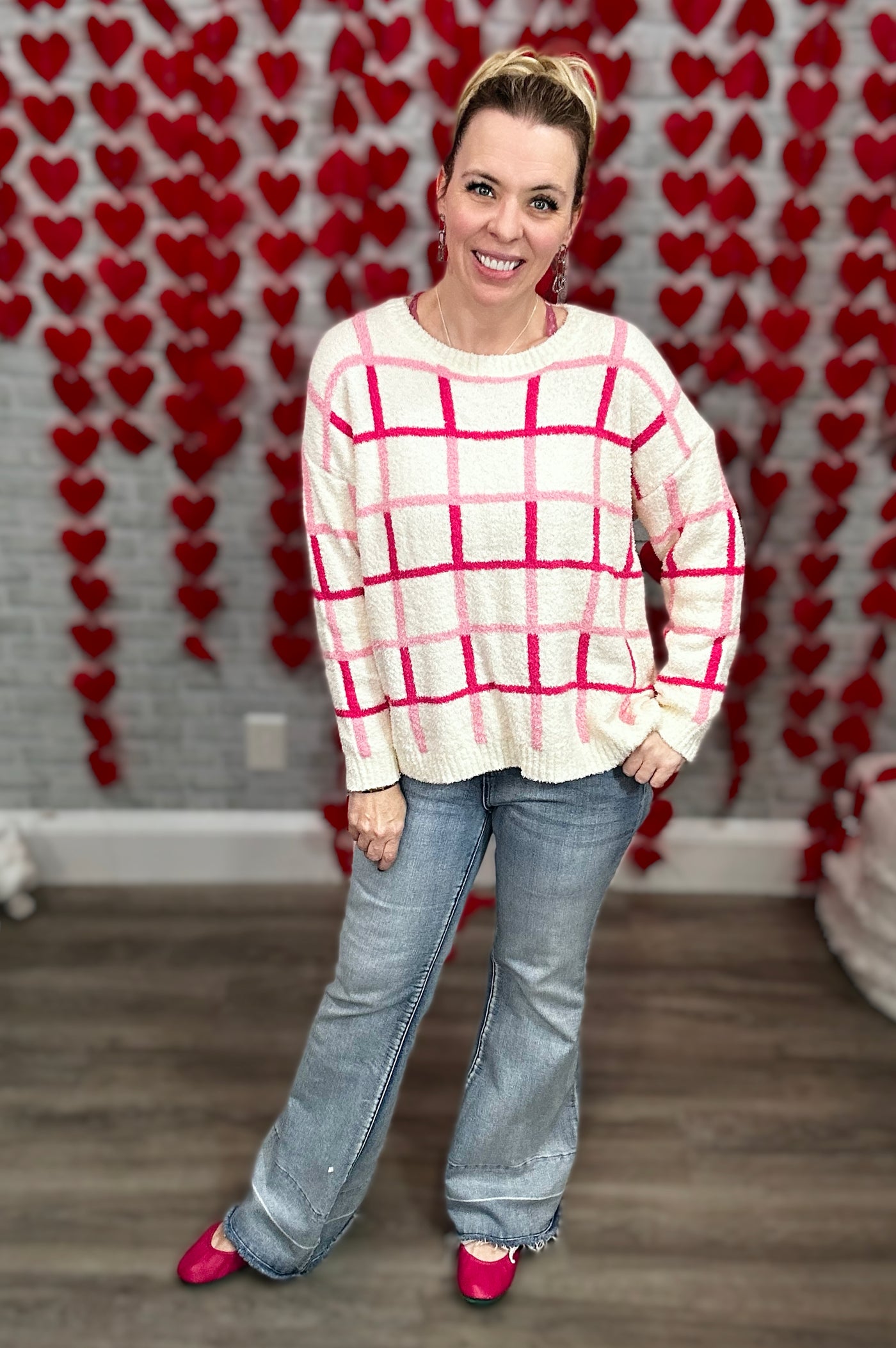 Falling for You Ivory and Pink Plaid Sweater by Jess Lea