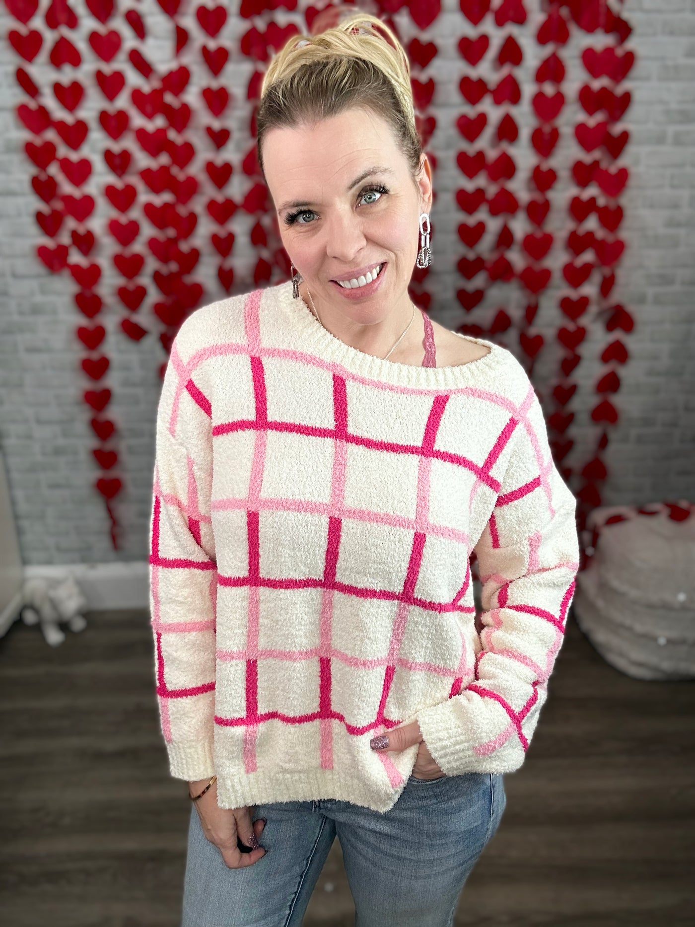 Falling for You Ivory and Pink Plaid Sweater by Jess Lea