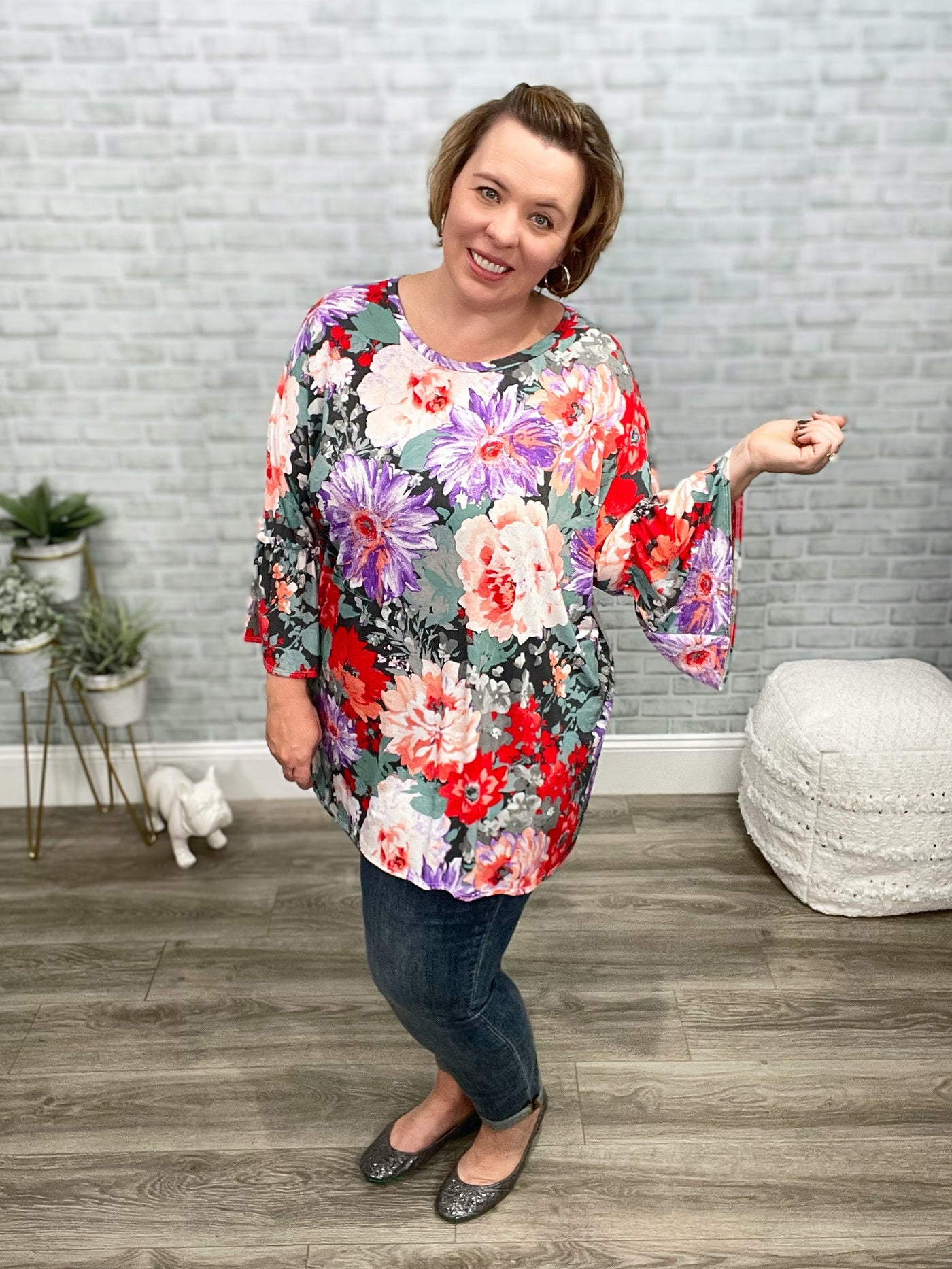 Large Scale Floral Bell Sleeve Tunic Top