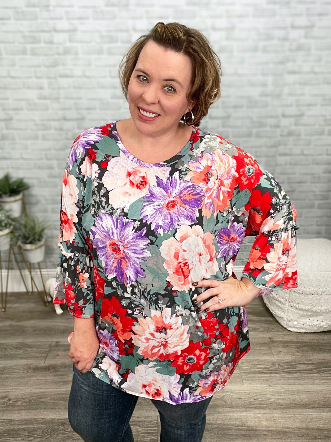 Large Scale Floral Bell Sleeve Tunic Top