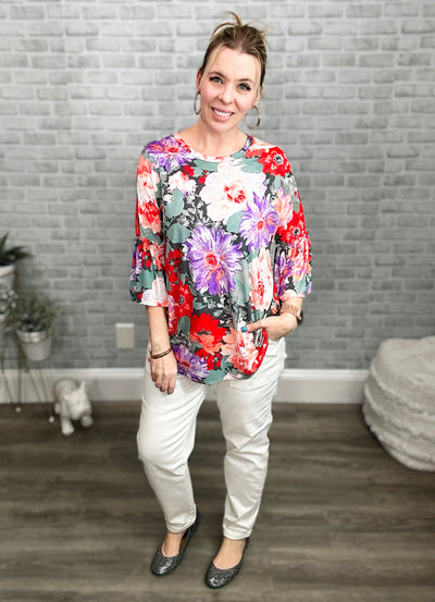 Large Scale Floral Bell Sleeve Tunic Top