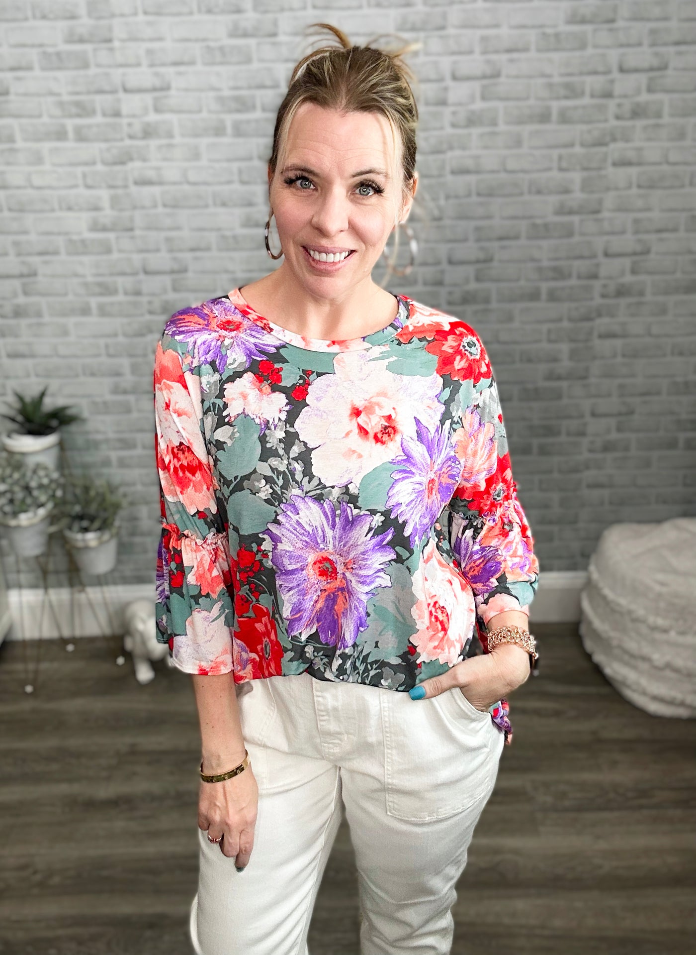 Large Scale Floral Bell Sleeve Tunic Top