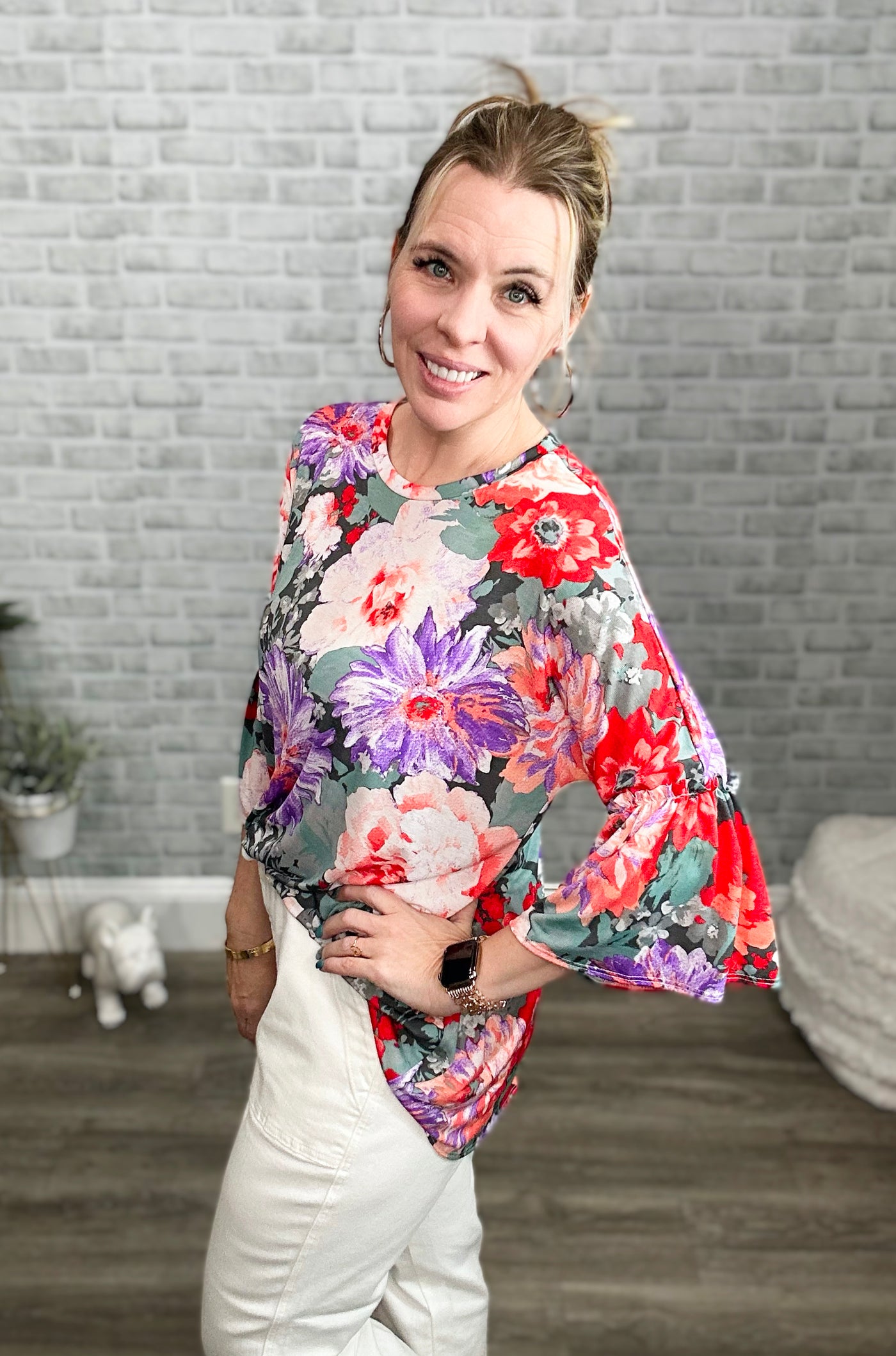 Large Scale Floral Bell Sleeve Tunic Top