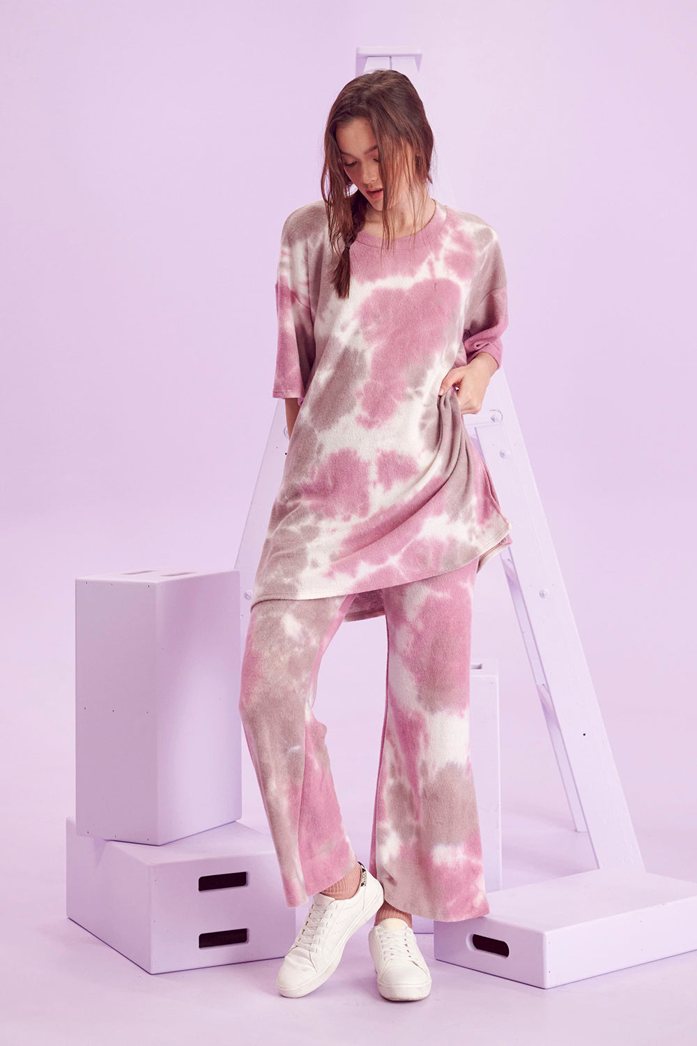 Brushed Soft Ribbed 2 pc Tie Dye Cropped Pant and Top Lounge Set