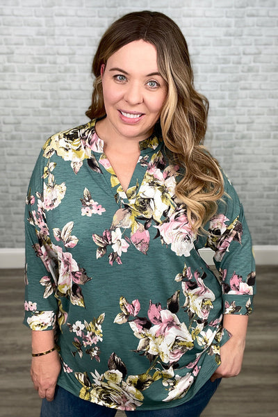 Teal Floral Mandarin Collar Gabby Tunic