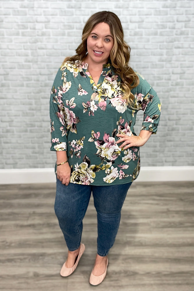 Teal Floral Mandarin Collar Gabby Tunic