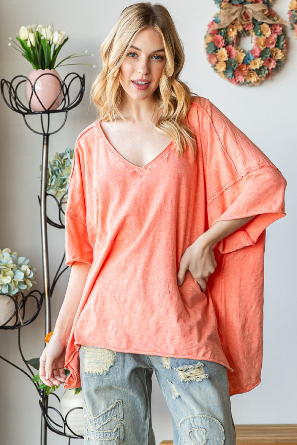 Mineral Washed V-Neck Boxy Raw Hem Top - Peach Pink - Oli & Hali