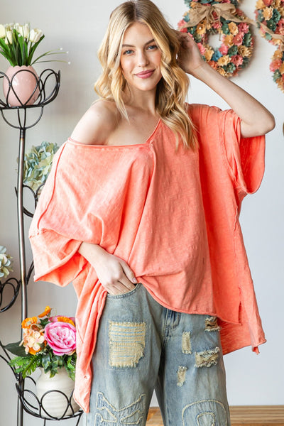 Mineral Washed V-Neck Boxy Raw Hem Top - Peach Pink - Oli & Hali