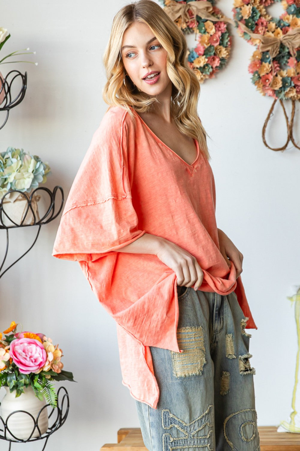 Mineral Washed V-Neck Boxy Raw Hem Top - Peach Pink - Oli & Hali