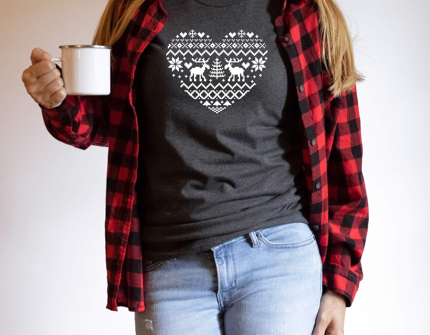 Winter Moose Heart Gray and White Graphic Tee