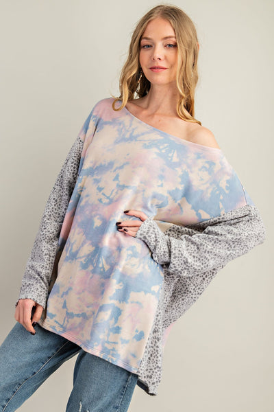 Brushed Soft Tie Dye & Cheetah Print Tunic Top