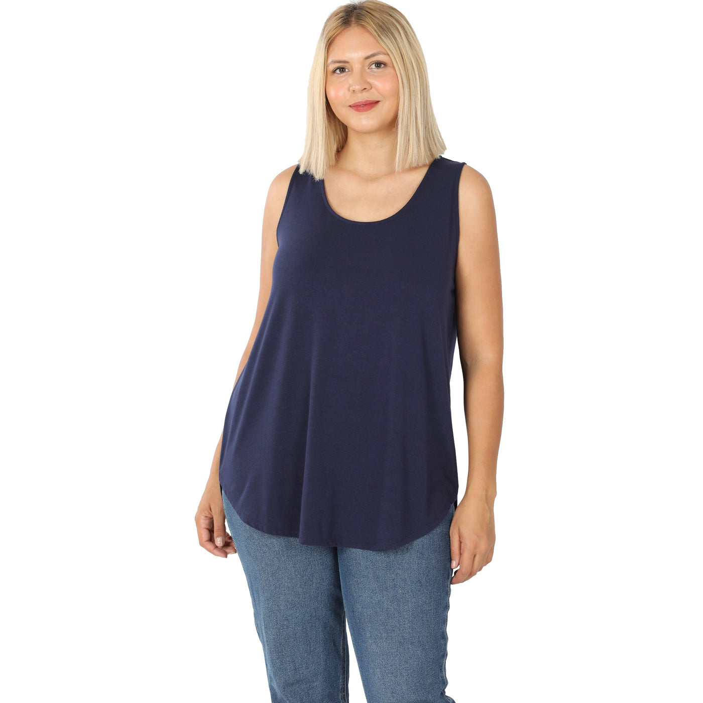 4 Colors - Sleeveless Round Neck Round Hem Relaxed Fit Tank Top