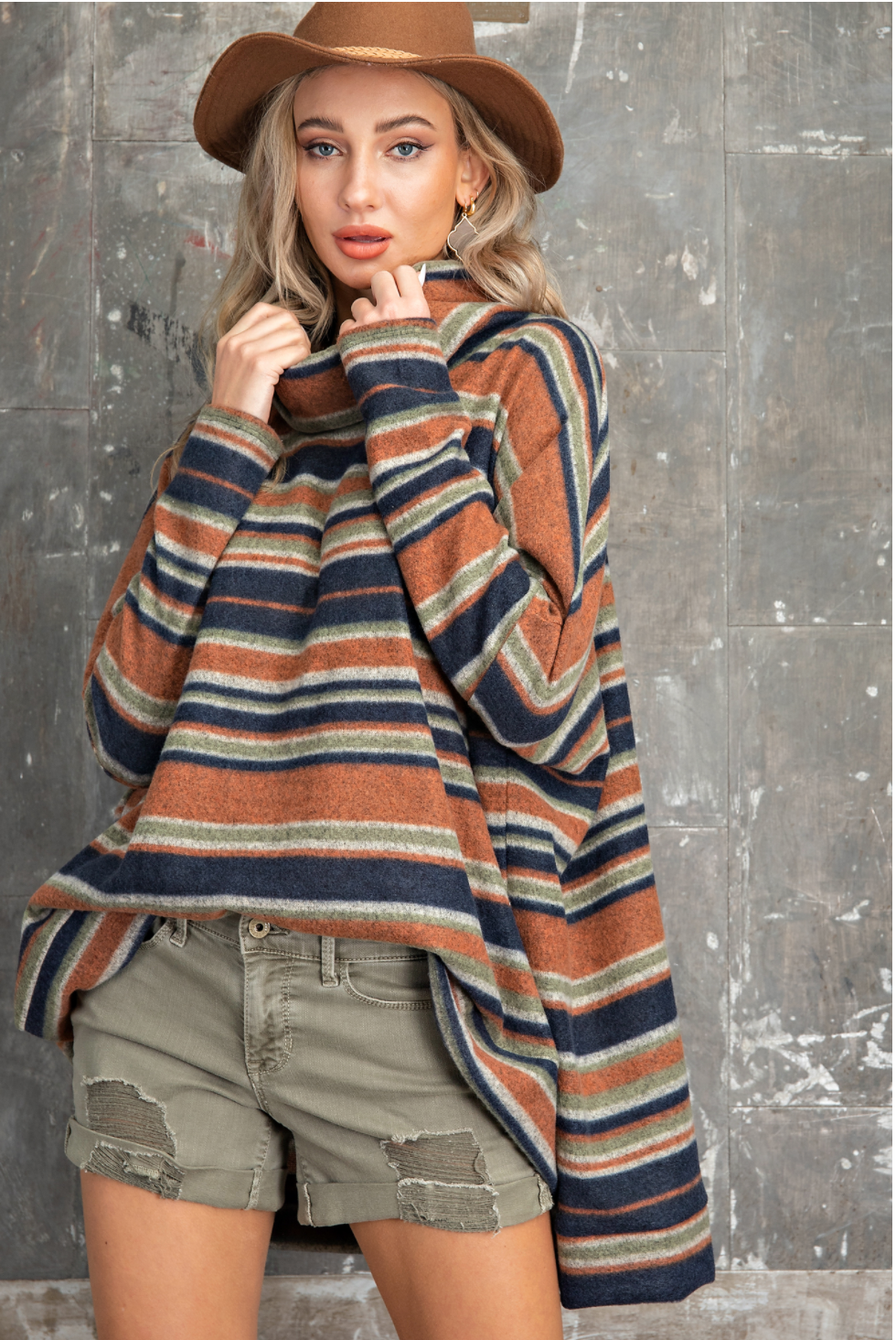 Navy, Rust, and Olive Oversized Striped Cowl Neck Boxy Top