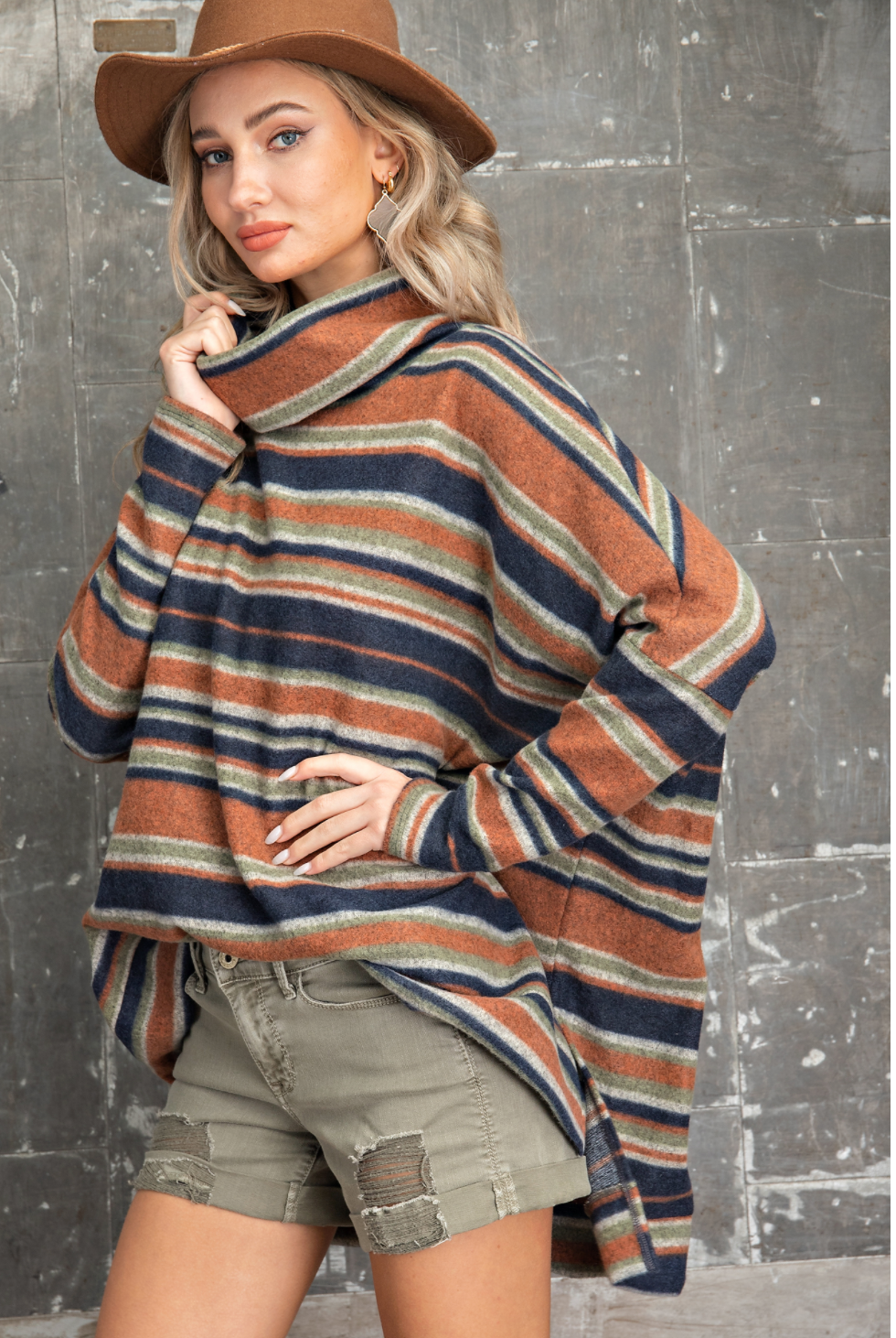 Navy, Rust, and Olive Oversized Striped Cowl Neck Boxy Top