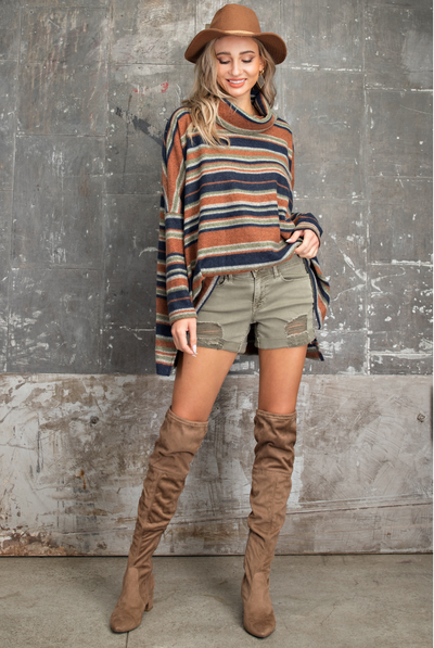 Navy, Rust, and Olive Oversized Striped Cowl Neck Boxy Top