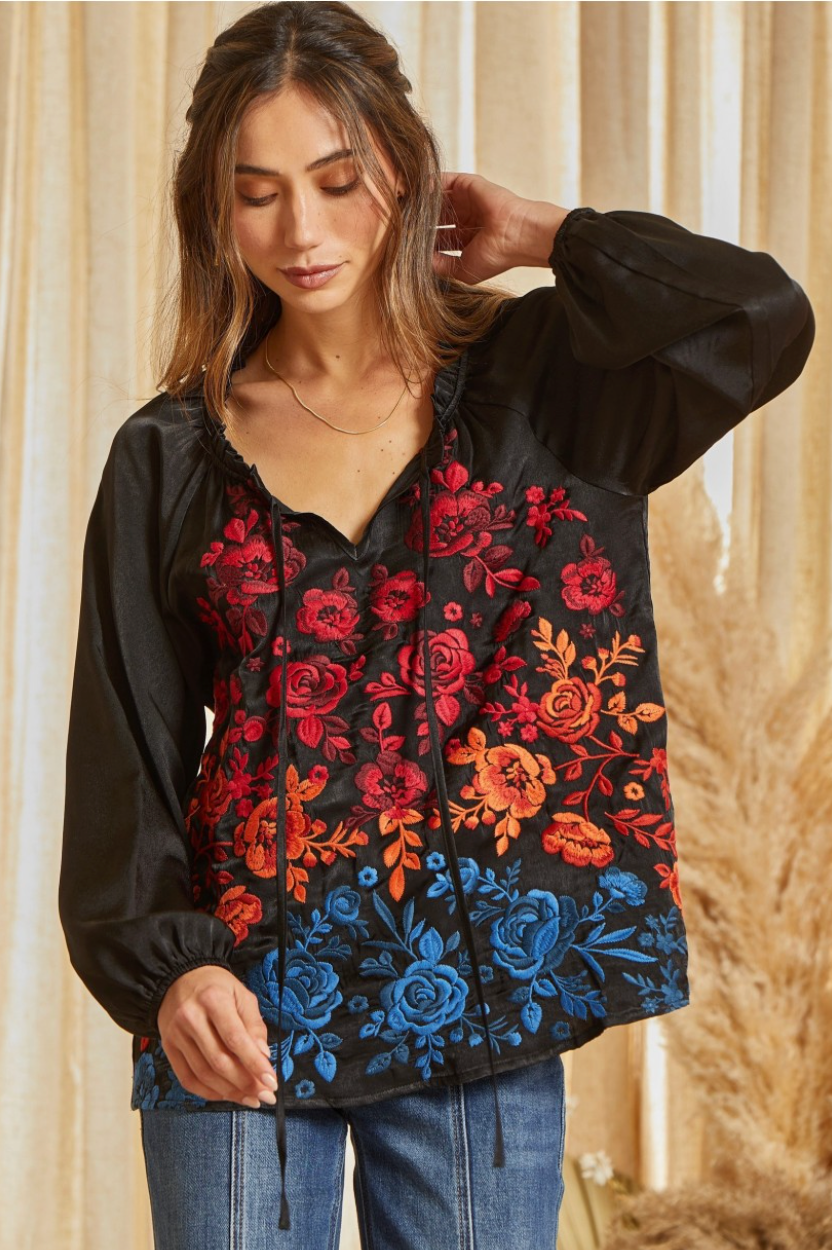 Black Tunic Top with Vibrant Floral Embroidery - Savannah Jane