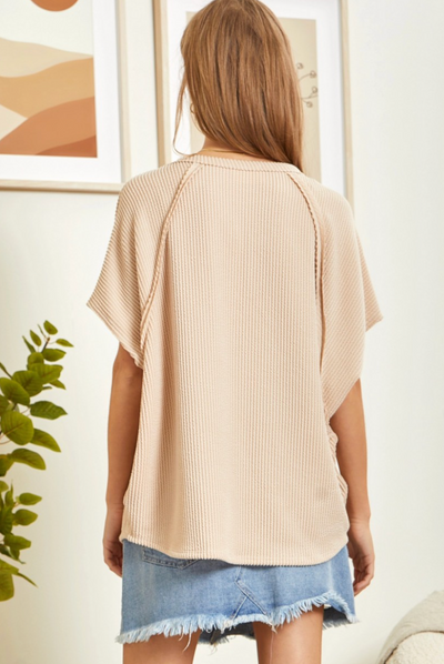 6 Colors - Ribbed Loose Fit Elevated Short Sleeve Top with Raw Edge Details