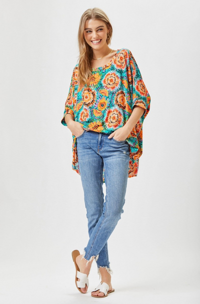 Oversized Aqua & Orange Tunic with Dolman Sleeves - Wrinkle Free - Dear Scarlett