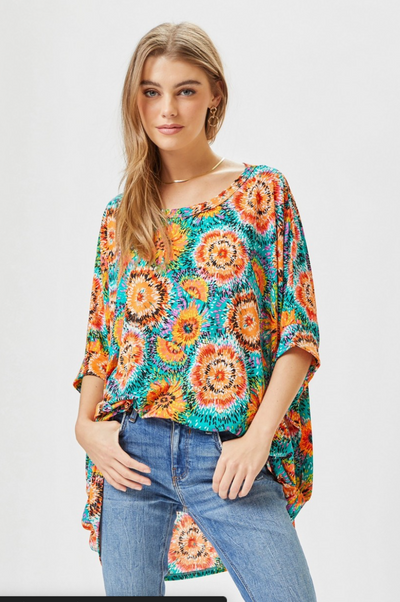 Oversized Aqua & Orange Tunic with Dolman Sleeves - Wrinkle Free - Dear Scarlett