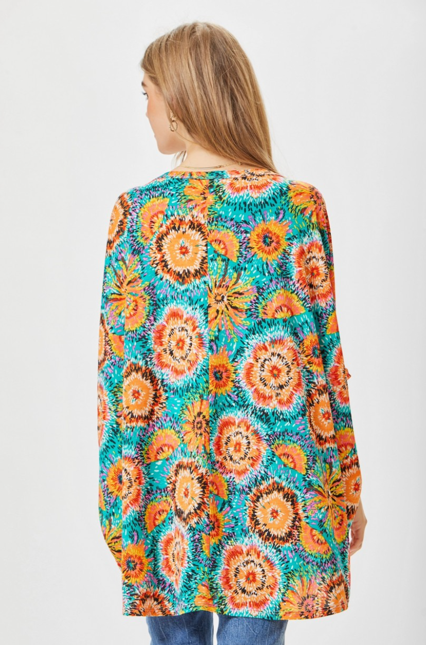 Oversized Aqua & Orange Tunic with Dolman Sleeves - Wrinkle Free - Dear Scarlett