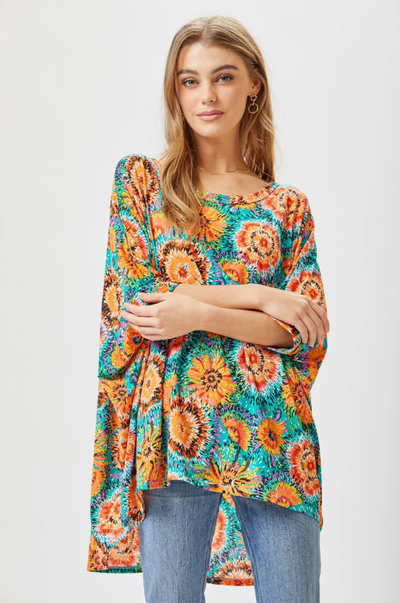 Oversized Aqua & Orange Tunic with Dolman Sleeves - Wrinkle Free - Dear Scarlett